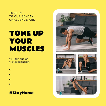 Platilla de diseño #StayHome challenge with Man exercising Instagram