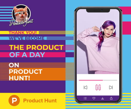 Product Hunt Campaign Woman Listening Music in Headphones Facebook Design Template