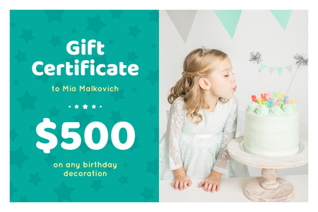 Designvorlage Birthday Offer with Girl Blowing Candles on Cake für Gift Certificate