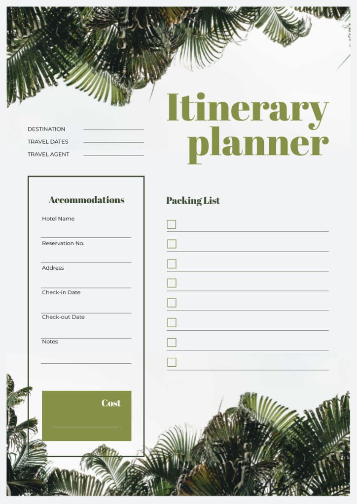 Itinerary Planner on Jungle Leaves Schedule Planner Design Template