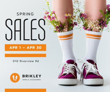 Platilla de diseño Spring Footwear Sale Woman with Flowers in Gumshoes Facebook