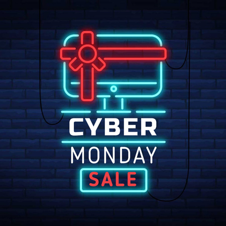 Platilla de diseño Cyber Monday with Neon sign with gifted computer Animated Post