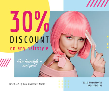 Designvorlage Self-Care Awareness Month Hairstyle Offer Girl with Pink Hair für Facebook