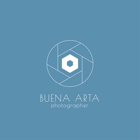 Anúncio de serviços fotográficos com obturador da câmera em azul Logo Modelo de Design
