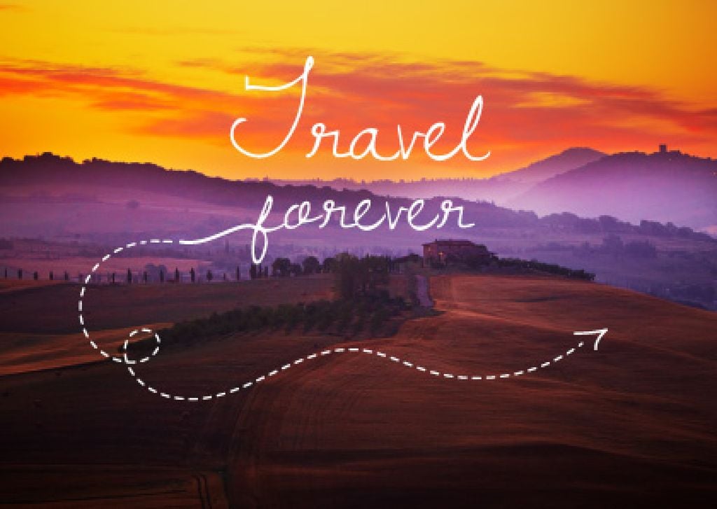 Motivational Travel Quote with Sunset Landscape Postcard Design Template