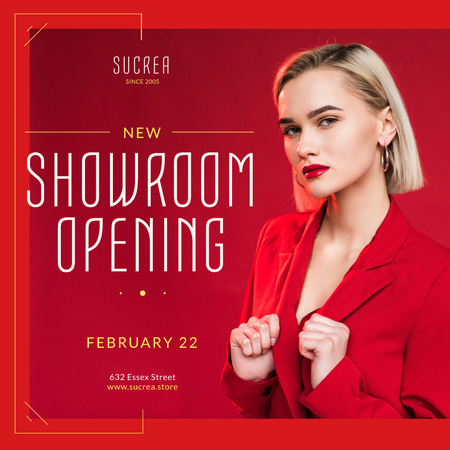 Ontwerpsjabloon van Instagram van Showroom Opening Announcement Woman in Red Suit