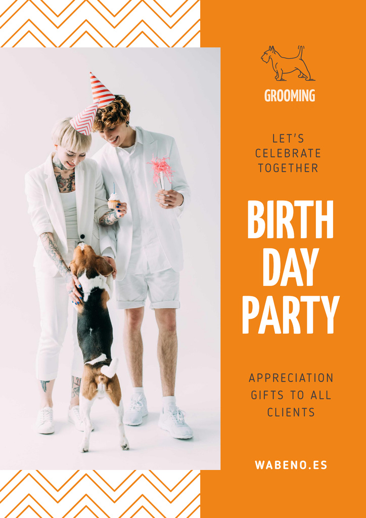 Birthday Party Announcement with Couple and Dog Poster Modelo de Design