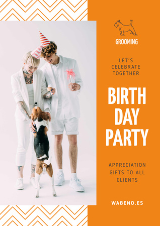Birthday Party Announcement with Couple and Dog Poster tervezősablon