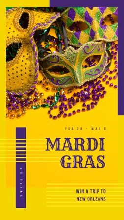 Mardi Gras Trip Offer Carnival Masks in Yellow Instagram Story Design Template