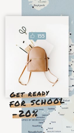 Back to School Sale Stationery in Backpack over Map Instagram Video Story Design Template