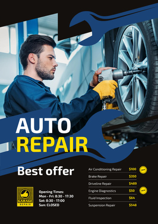 Designvorlage Auto Repair Service Ad with Mechanic at Work für Poster