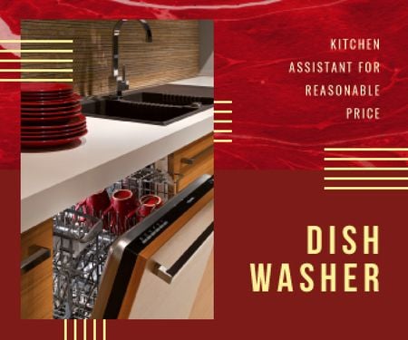 Dishwasher Offer with Clean Dishware in Red Large Rectangle Design Template