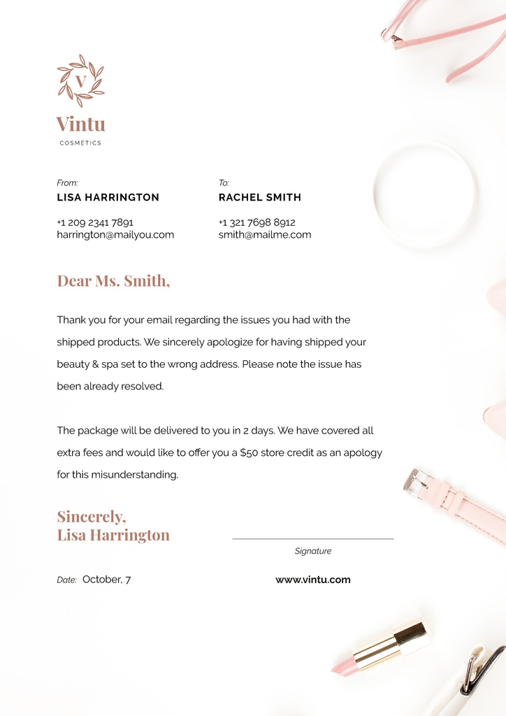 Template di design Cosmetics Store customers support response Letterhead