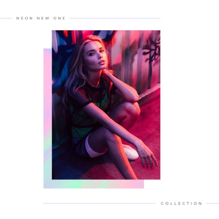 Fashion Collection ad with Stylish woman in neon Instagram Tasarım Şablonu