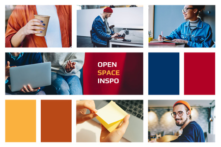 People in Colorful Coworking Space Mood Board Modelo de Design