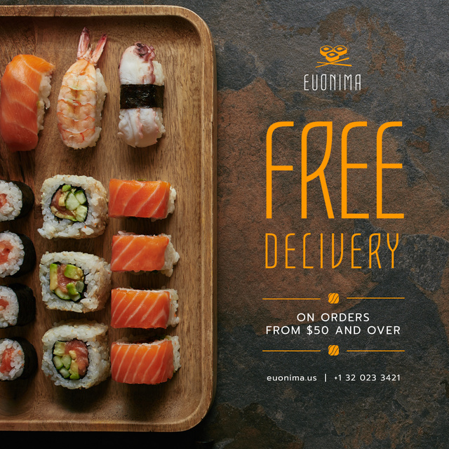 Japanese Restaurant Delivery Offer Fresh Sushi Instagram ADデザインテンプレート