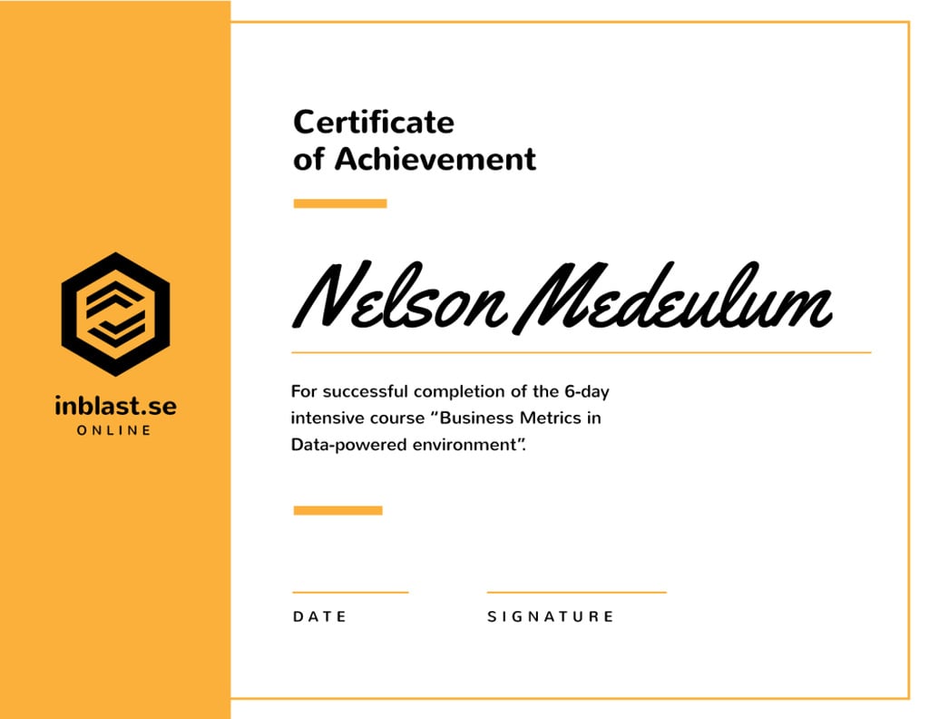 Business Course program Achievement in yellow Certificate Design Template