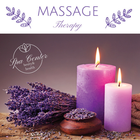 Massage therapy ad with lavender and candles Instagram ADデザインテンプレート