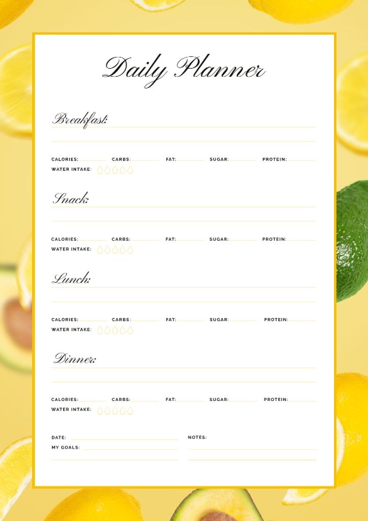 Daily Meal Planner in Frame with Lemons and Avocado Schedule Planner Design Template