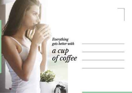 Plantilla de diseño de Young Woman drinking coffee Postcard 