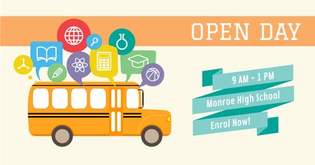 High school open day Ad with Yellow School Bus Facebook AD Design Template