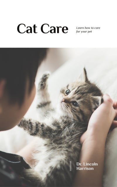 Cat Care Guide Woman Hugging Kitten Book Cover Tasarım Şablonu