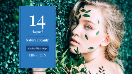 Beauty Workshop with Woman in green leaves FB event cover Tasarım Şablonu