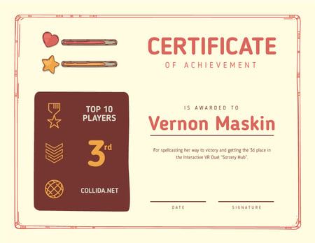VR game Duel Achievement confirmation Certificate – шаблон для дизайну