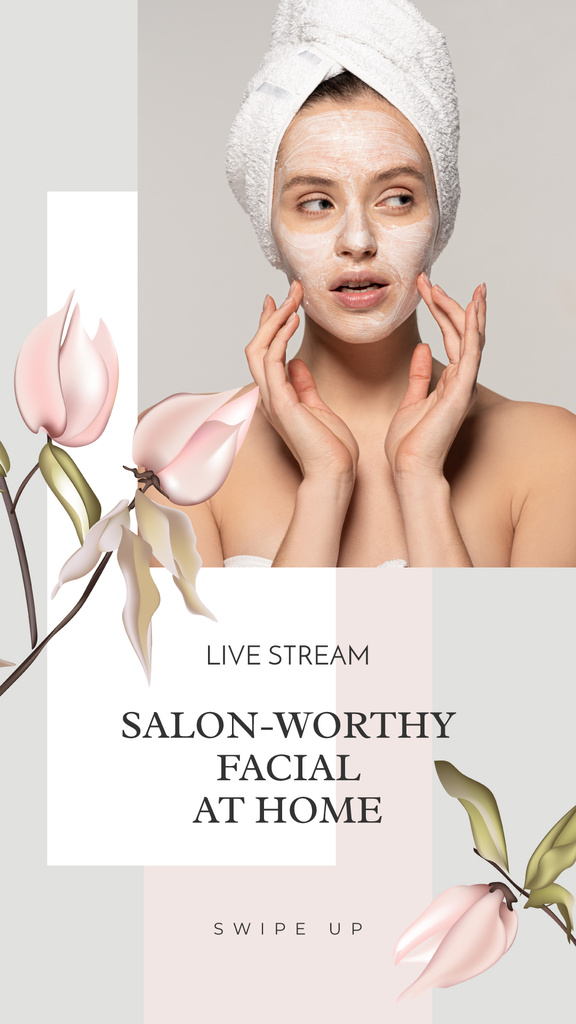 Live Stream Ad with Woman in Cosmetic Mask Instagram Story Design Template