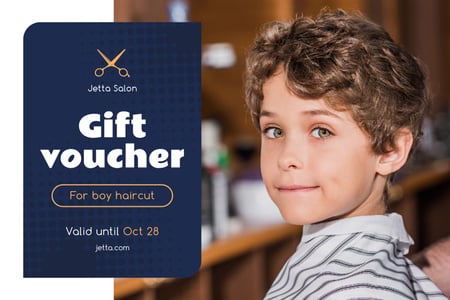 Ontwerpsjabloon van Gift Certificate van Kids Salon Ad with Boy at Haircut