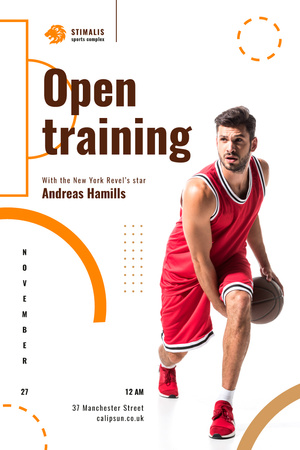 Open Training Announcement with Basketball Player in Red Pinterest tervezősablon