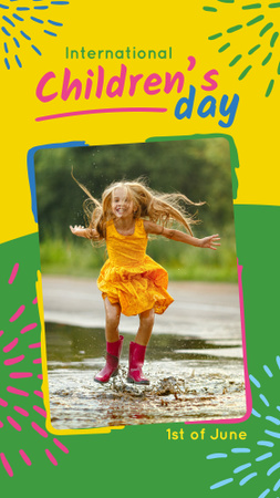 Happy girl jumping in the puddle on Children's Day Instagram Story Design Template