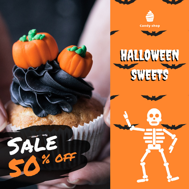 Trick or Treat Sale Halloween Cupcake with Pumpkins Animated Post Šablona návrhu