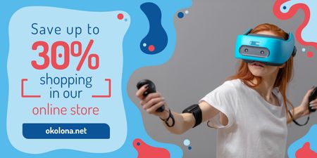 Template di design Tech Ad with Girl Using Vr Glasses in Blue Twitter