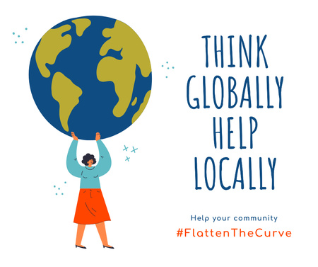 #FlattenTheCurve Citation about helping community with Woman holding Earth Facebookデザインテンプレート
