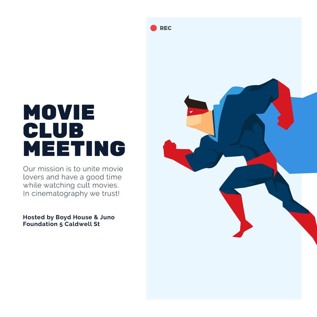 Movie Club Meeting Man in Superhero Costume Instagram AD Design Template