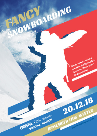 Ontwerpsjabloon van Flayer van Snowboard Event announcement Man riding in Snowy Mountains
