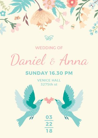 Wedding Invitation Loving Birds and Flowers Flayer Design Template