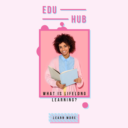 Designvorlage Education Courses with Woman Holding Book für Animated Post