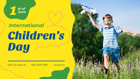Children's Day Greeting Boy Playing with Toy Plane FB event cover Design Template