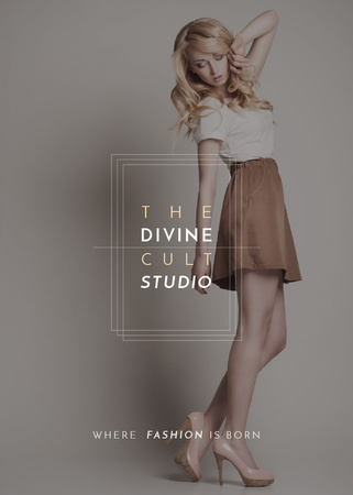 Fashion Studio Ad Blonde Woman in Casual Clothes Invitation – шаблон для дизайну