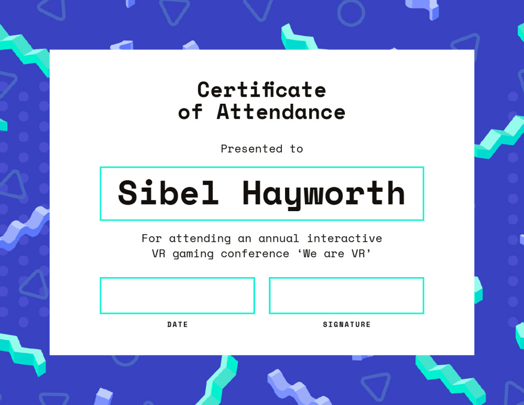 VR gaming conference Attendance in blue Certificate Tasarım Şablonu