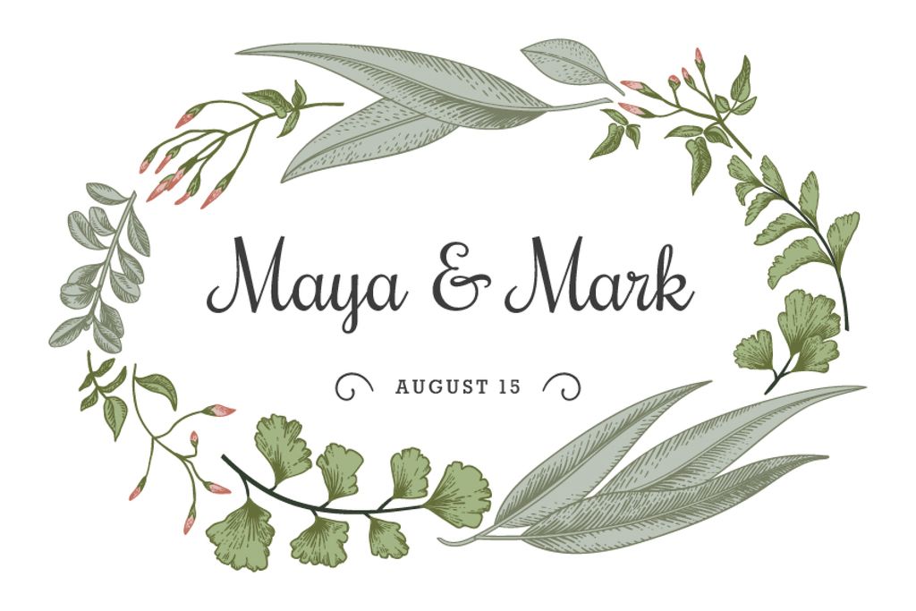 Wedding announcement in green Leaves frame Label Design Template