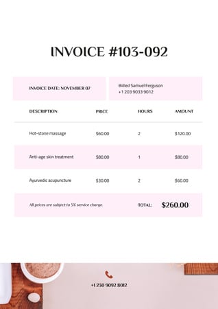 Ціни на послуги спа-салону Invoice – шаблон для дизайну