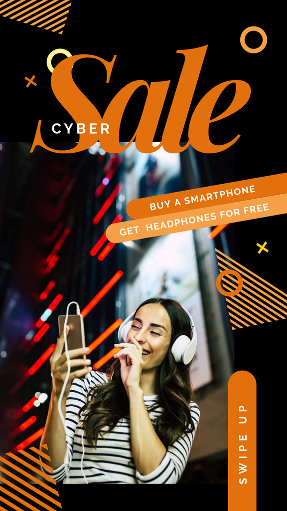 Cyber Monday Sale Woman listening music on smartphone Instagram Storyデザインテンプレート