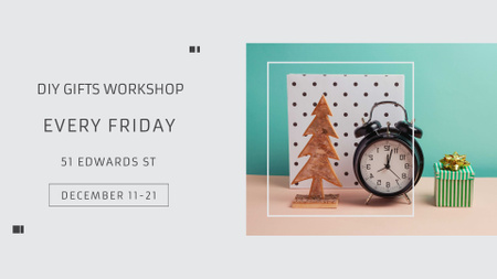 Gifts Workshop invitation with alarm clock FB event cover tervezősablon