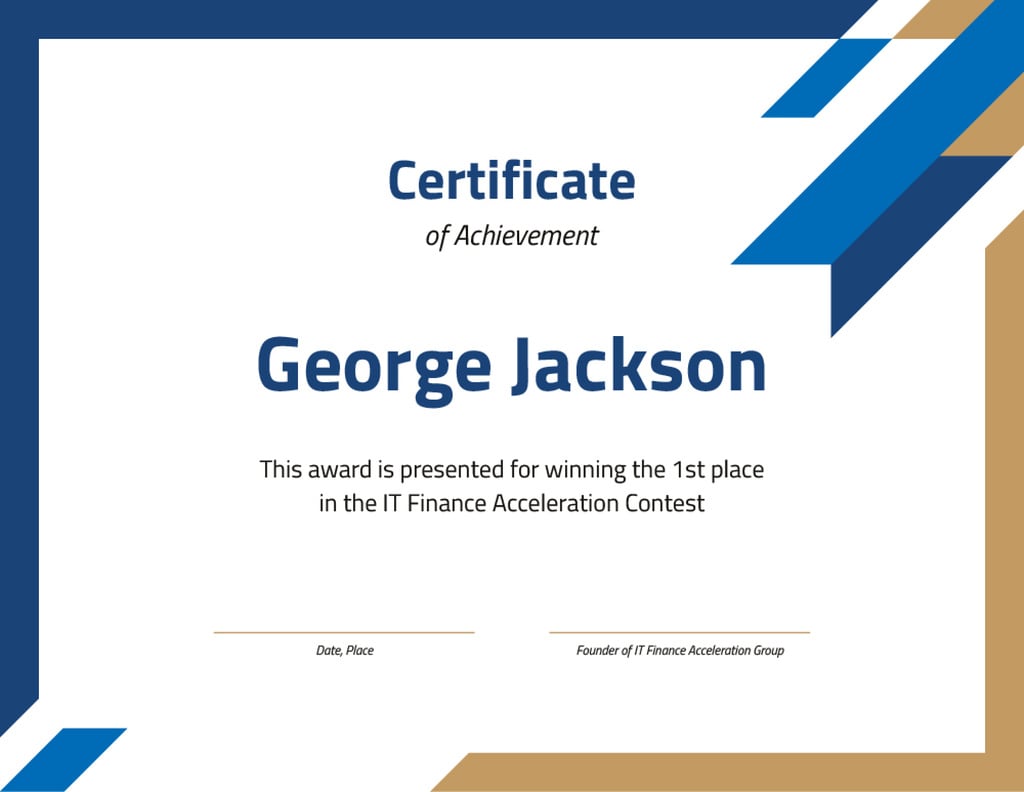 Winning IT Contest confirmation in blue and golden Certificate Design Template