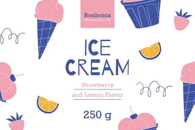Plantilla de diseño de Ice Cream ad with cones and fruits in pink Label 