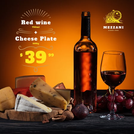 Winery Offer Wine Bottle with Cheese Instagram AD Design Template