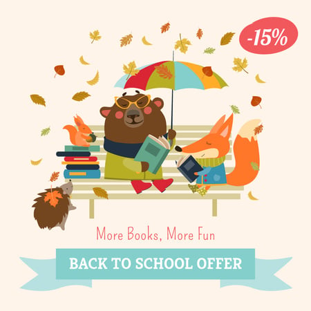 Back to school Books offer with cute Animals Instagram ADデザインテンプレート